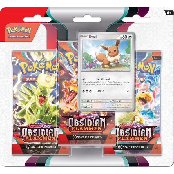 Pokemon TCG Karmesin & Purpur Obsidian Flammen 3-Pack Blister Evoli (Deutsch)